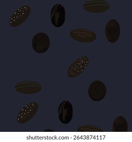 Seamless pattern of round chocolates with textured toppings on dark background. Great for Chocolate Day packaging, dessert branding, and sweet-themed designs.