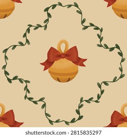 Seamless pattern of round Christmas bells with red ribbons, surrounded by mistletoe leaves. Perfect for holiday wrapping, festive backgrounds, and winter designs.
