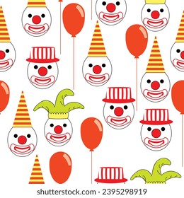 Seamless pattern with round clown faces with hats and baloons; funny clown faces with carnaval hats and baloons