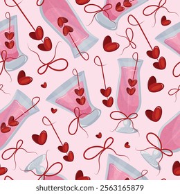 seamless pattern with round cocktails glasses and long cocktail glass with pink drink and berries in the shape of hearts and red bows on a pink background, design for valentine's day