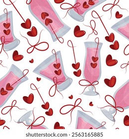 seamless pattern with round cocktails glasses and long cocktail glass with pink drink and berries in the shape of hearts and red bows, design for valentine's day