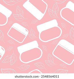 seamless pattern with round cosmetic jars for cream and leaves on a pink background and arranged randomly