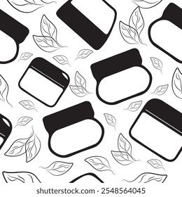 seamless pattern with round cosmetic jars for cream and leaves indicating the naturalness of the product