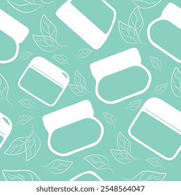 seamless pattern with round cosmetic jars for cream and leaves on a blue background and arranged randomly