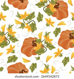 Seamless pattern with round curved orange pumpkin and green tops with yellow flowers and green leaves arranged randomly next to each other, for autumn print, textile or packaging