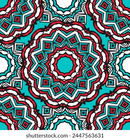 Seamless pattern with round decorative elements in blue and red colors. Vector illustration