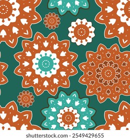 Seamless pattern with round decorative elements. The palette is dominated by blue, brown and beige colors. Vector illustration