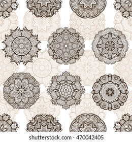 Seamless pattern with round decorative ornaments, floral mandala vector illustration, lace texture