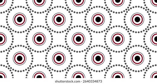Seamless pattern of round elements. Ornament of repeating circles and dots. Red, black circular motifs on white background. Traditional geometry ethnic ornament