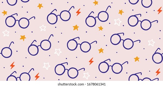 Seamless pattern with round eyeglasses, stars, polka dots isolated on pink background. Book lovers textile design. Hand drawn scandinavian style.