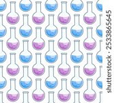 Seamless pattern with round flask and colored liquid. Chemical flask with a reagent. Infinite texture