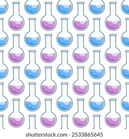 Seamless pattern with round flask and colored liquid. Chemical flask with a reagent. Infinite texture