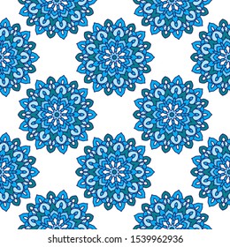 Seamless pattern with round flower mandala in blue colors. Vector illustration