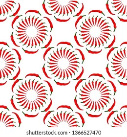 Seamless pattern of round frame of chili peppers on white background. Endless background for your design.
