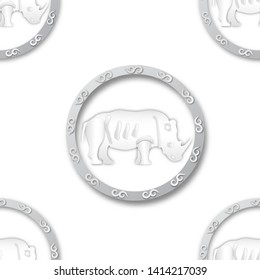 seamless pattern with round frame and white rhino for wild animal concept,vector or illustration with paper art style 