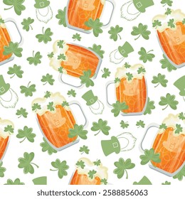 seamless pattern with round glasses with leprechaun face print with wheat beer and shamrock leaves arranged randomly, st patrick's day design