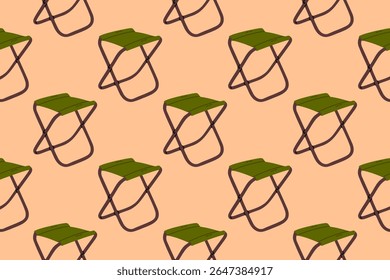 Seamless pattern with round green camping chairs on peach background. Comfortable outdoor furniture repeating design.