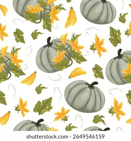 Seamless pattern with round green pumpkins and green tops with yellow flowers and green leaves arranged randomly next to each other, for autumn print, textile or packaging