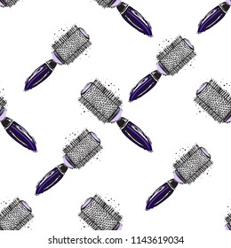 Seamless pattern with round hairbrush. Vector fashion illustrations with watercolor style paint splashes. Design for logo, t shirt and uniform. Seamless pattern for hairdressing salon.