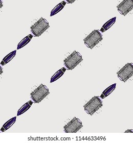 Seamless pattern with round hairbrush. Vector fashion illustrations with watercolor style paint splashes. Design for logo, t shirt and uniform. Seamless pattern for hairdressing salon.