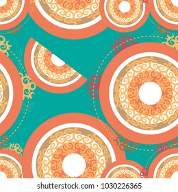 A seamless pattern of round and half mandalas of various sizes, chaotically located on the emerald background. Vector illustration 