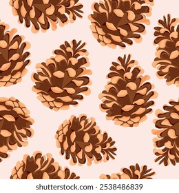 seamless pattern with round half-open cones of conifers arranged randomly, for Christmas packaging, cards or decorations