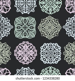 Seamless pattern with round hand drawn mandala.
