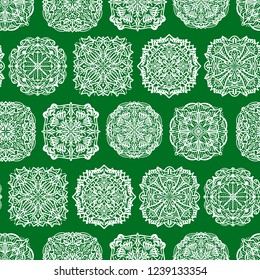 Seamless pattern with round hand drawn mandala. Christmas background.