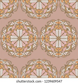 Seamless pattern with round hand drawn mandala.