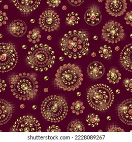 Patrón incomparable con adornos de joyería redondeados de estilo vintage. Elementos dorados con gemas rojas. Ilustración vectorial. Bueno para ropa, ropa, tela, textil, diseño de superficie.