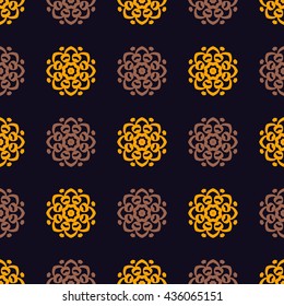 Seamless pattern with round mandalas on a black background.