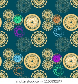 A seamless pattern with round ornamental compositions of different sizes and colors on a dark blue background. Vector illustration
