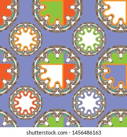Seamless pattern with round ornamental compositions on a soft purple background. Vector illustration