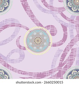 Seamless  pattern of round ornaments and other abstract elements. Can be used to print on fabric, paper, wallpaper and so on.