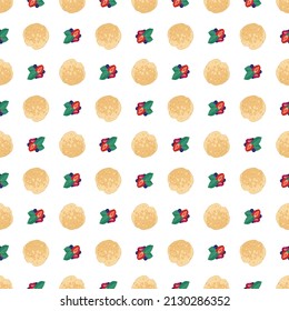 Seamless pattern with round pancake and berries, print of delicious homemade pastry for breakfast, Maslenitsa, carnival or holiday. Vector flat food illustration