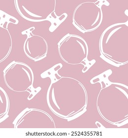 padrão sem costura com frascos de perfume redondos dispostos aleatoriamente em um fundo rosa, vetor