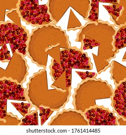 Seamless pattern of round pies and pie slices with pumpkin and red berry filling. Vector hand drawing.