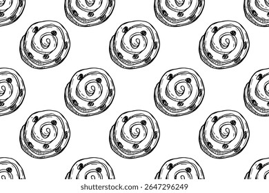 Seamless pattern with Round puff pastry with raisins. Sketch vector illustration. Swirled pastry raisins. Puff pastry sweet bakery vector. Repeated Background, wallpaper, wrapping, packing, textile.