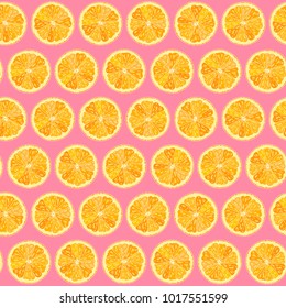 Seamless pattern with round slices of orange. Pink background.