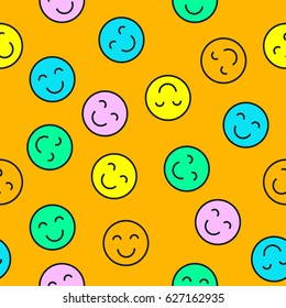 Seamless pattern of round smileys on orange background. Vector illustration.