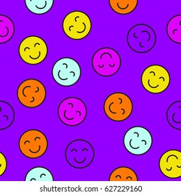 Seamless pattern of round smileys on blue background. Vector illustration.