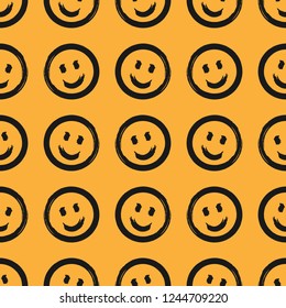 Seamless pattern with round smiling emoticons drawn by hand with rough brush. Sketch, grunge, watercolor. Fun print. Vector illustration.