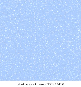 Seamless pattern of round snowflakes varying size and transparency, with little stars, on blue background