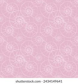 Seamless pattern with round spiral seashells, nautilus or snails shells on pastel pink background. Hand drawn line and dots texture. Elegant lace vector print for fabric, wrapping paper, wallpaper.