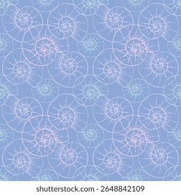 Seamless pattern with round spiral seashells, nautilus or snails shells of pastel pink color on blue grey background. Line contours and dots texture. Multicolor vector endless print.