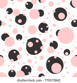 Seamless pattern with round spots. Grunge, sketch, watercolour, graffiti. Vector illustration. Pink, white, black.