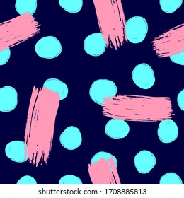 Seamless pattern with round spots and watercolor strokes. Grunge, sketch, brush, paint. Modern vector illustration.