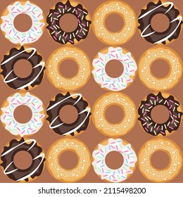 seamless pattern of round sweet donuts. round-shaped sweet pastries form an abstract background. flat drawing, stock vector illustration. EPS 10.