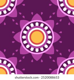 Seamless pattern. Round symmetrical ethnic mandala on dark purple background. Oriental pattern, vector illustration. Indian or Arabic mandala. Diwali festival. Fabric, wrapping paper.