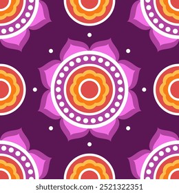 Seamless pattern. Round symmetrical ethnic mandala on dark purple background. Oriental pattern, vector illustration. Indian or Arabic mandala. Diwali festival. Fabric, wrapping paper.